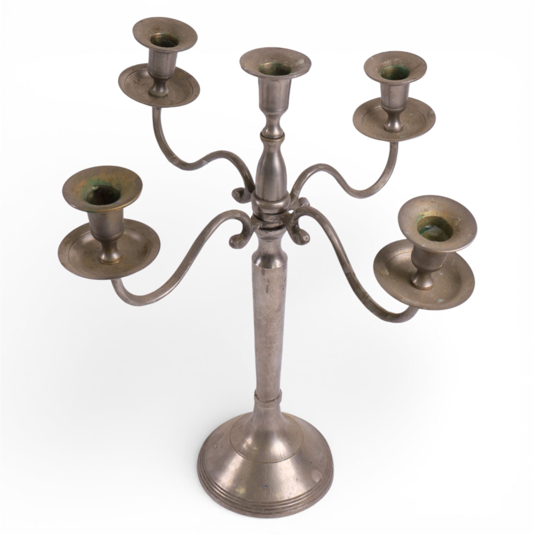 Black metal four branch candelabra, H56.5cm, together with a wrought iron style picket candlestick upon three feet, H45.5cm, and a further four branch example, H39cm