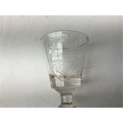 18th century drinking glass, the drawn funnel bowl upon a double series opaque twist stem and conical foot, H17cm, together with an 18th century dram glass, the bucket bowl crudely engraved with heraldic style shield, upon a knoped stem and folded circular foot, H9.5cm, a later blown and moulded glass water jug, and two open salts, one of navette form, (5)