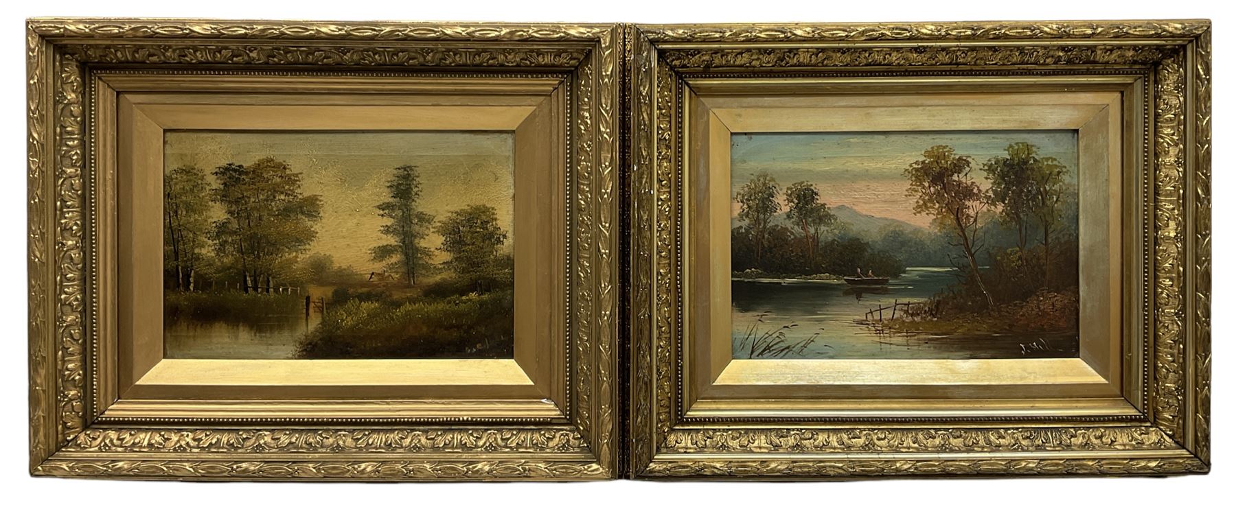 J Hill (British 19th century): River scene, oil on canvas signed and a Companion picture, oil indistinctly signed 19cm x 29cm (2)