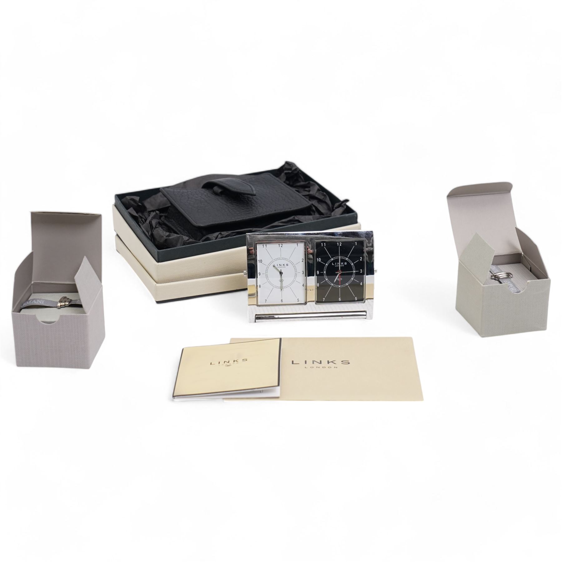 Two gentleman's Armani silver rings (boxed) and Links of London two dial travelling clock (cased)