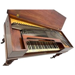 Collard & Collard - early 19th century mahogany square piano, hinged and retractable keyboard cover and lid, turned legs on brass castors