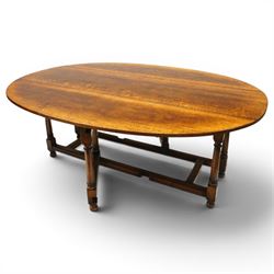 Titchmarsh & Goodwin - oak dropleaf wake table, large leaves with gateleg action, raised on turned supports united by stretchers, extends to 148cm