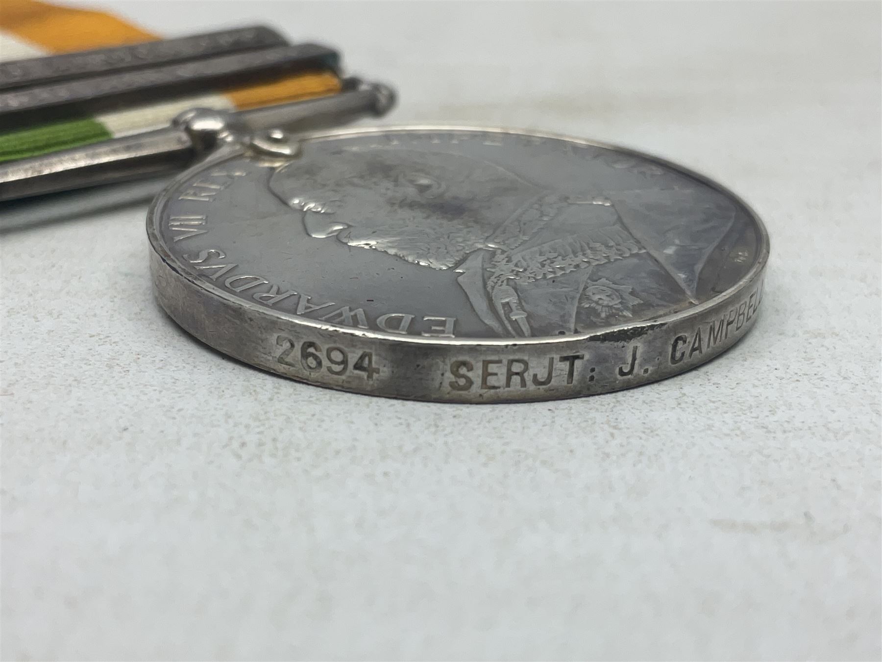 Kings South Africa Medal with two clasps for South Africa 1901 & 1902 awarded to 2694 Serjt. J. Campbell K.O. Scot. Bord.; and Queens South Africa Medal marked 59(?)8 Pte. A.T. Browne Grahamstown G.; both with ribbons (2)