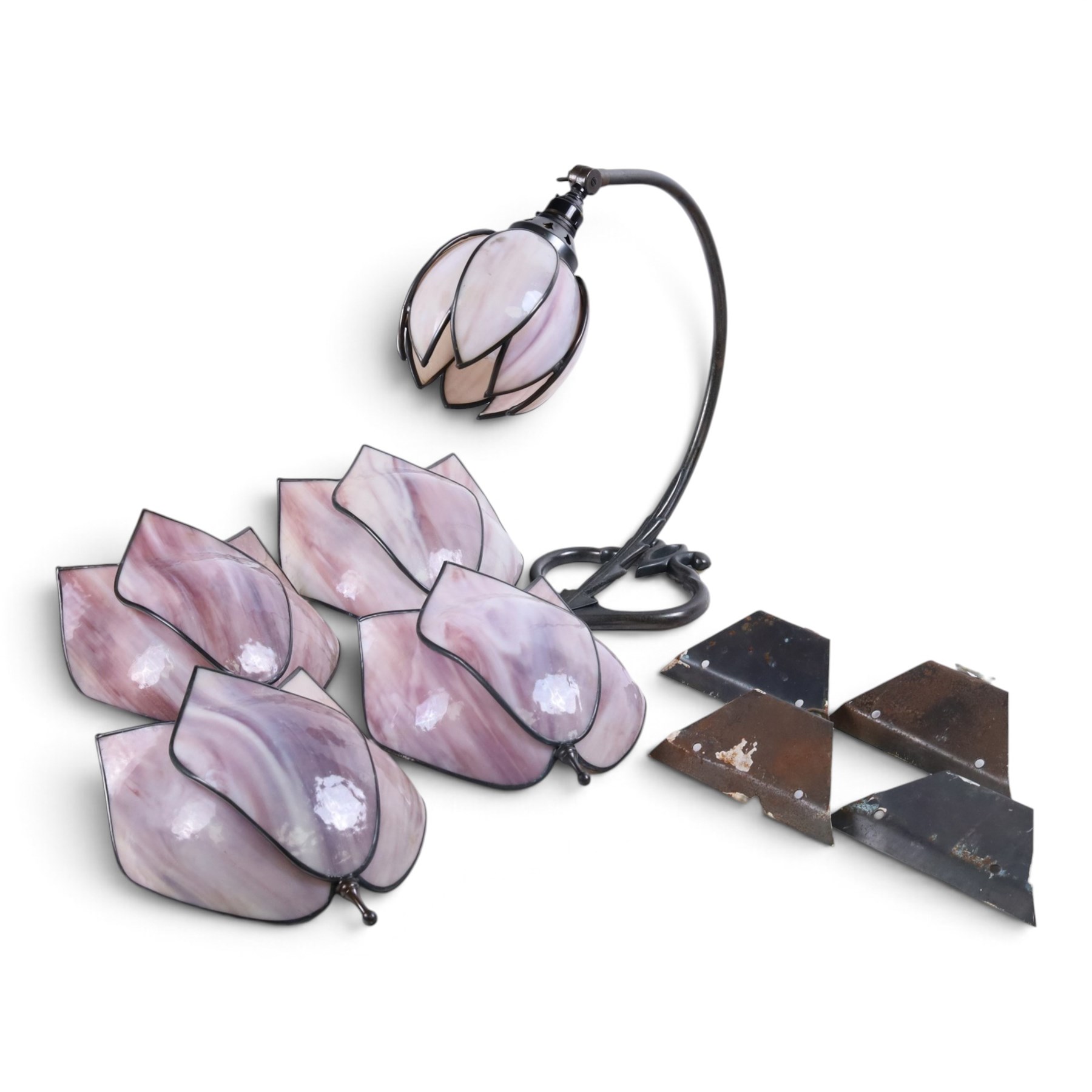 Chrisopher Wray, Art Nouveau style table lamp together with four wall lights, each shade in the form of a flower in purple tones