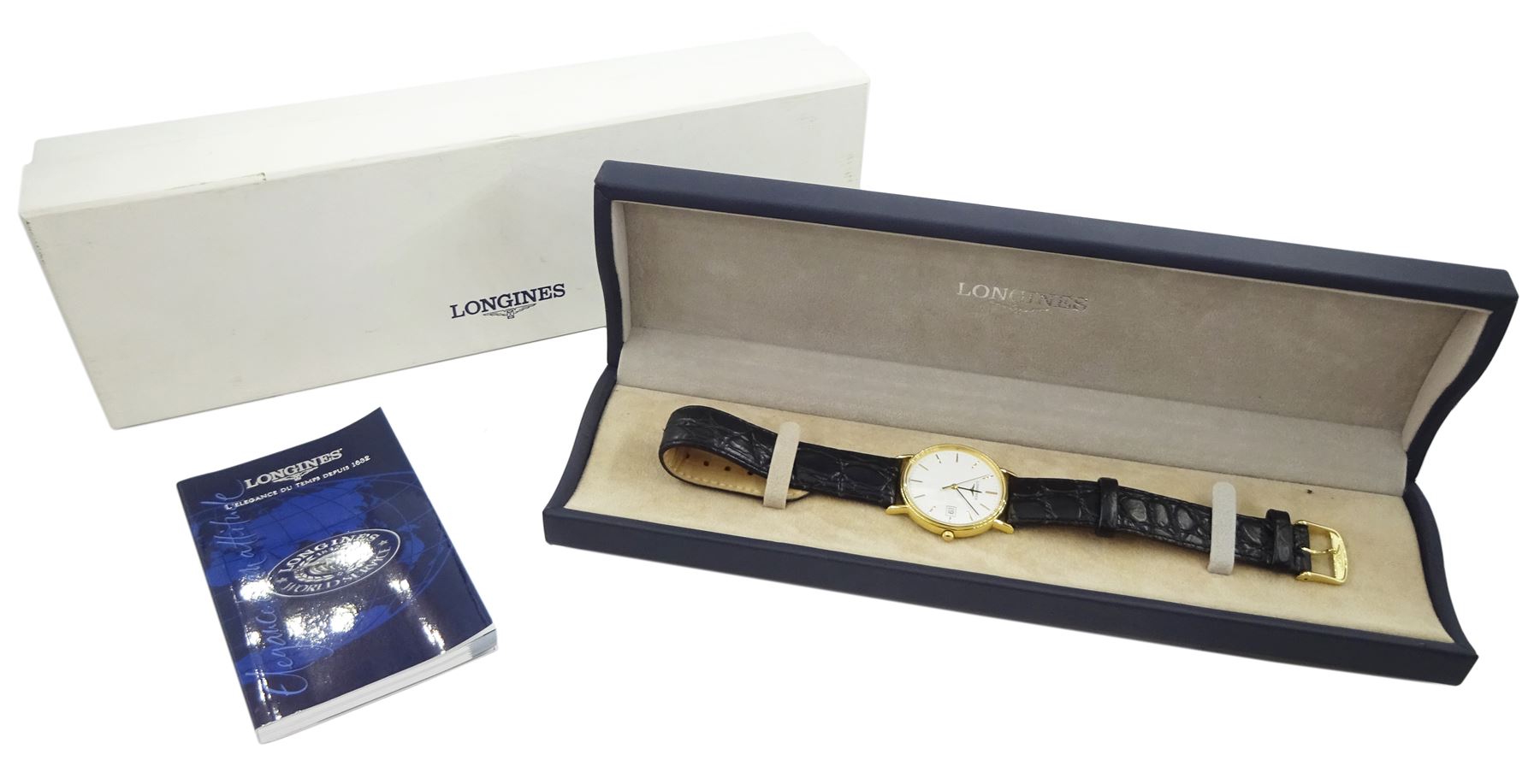 Longines gentleman's gold-plated and stainless steel quartz wristwatch, Ref. L4.720.2, white dial with baton hour markers and date aperture, on original black leather strap and gilt buckle, boxed with guarantee card dated 2005