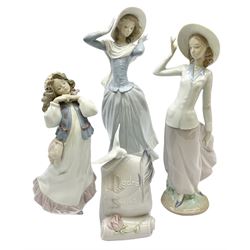 Three Lladro figures, comprising, Dreams of Summer Past no 6401, Spring Breeze no 4936 and Breezy Afternoon 5682 together with Lladro plaque Art Brings us Together no 7677, all in original boxes, largest example H35cm