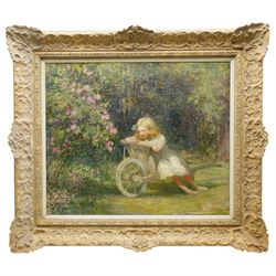 Alfred John Billinghurst: (British 1880-1963): 'Girl in a Barrow', oil on canvas unsigned, painted with a portrait of a girl reading painted verso 50cm x 60cm
Provenance: with 20th Century Gallery, London