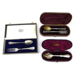  Victorian silver christening spoon and fork by Stokes & Ireland Birmingham 1888, silver christening spoon by John Round  Sheffield 1896 both in original velvet lined cases and a picture back spoon and fork by Fenton Bros Sheffield 1879, 4.2oz  
