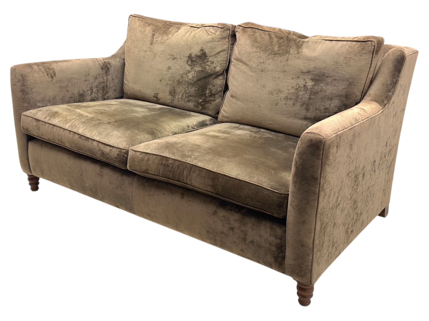 Duresta - three piece 'Finsbury' lounge suite comprising one three-seat sofa, a two-seat sofa and armchair, upholstered in mink coloured velvet, with box seat cushions and deep seat over tapered arms on short stained bun feet (Three seat H 80cm, W 207cm, D105cm, two seat H80cm, W168cm, D105cm, armchair H80cm, W89cm, D105cm)    