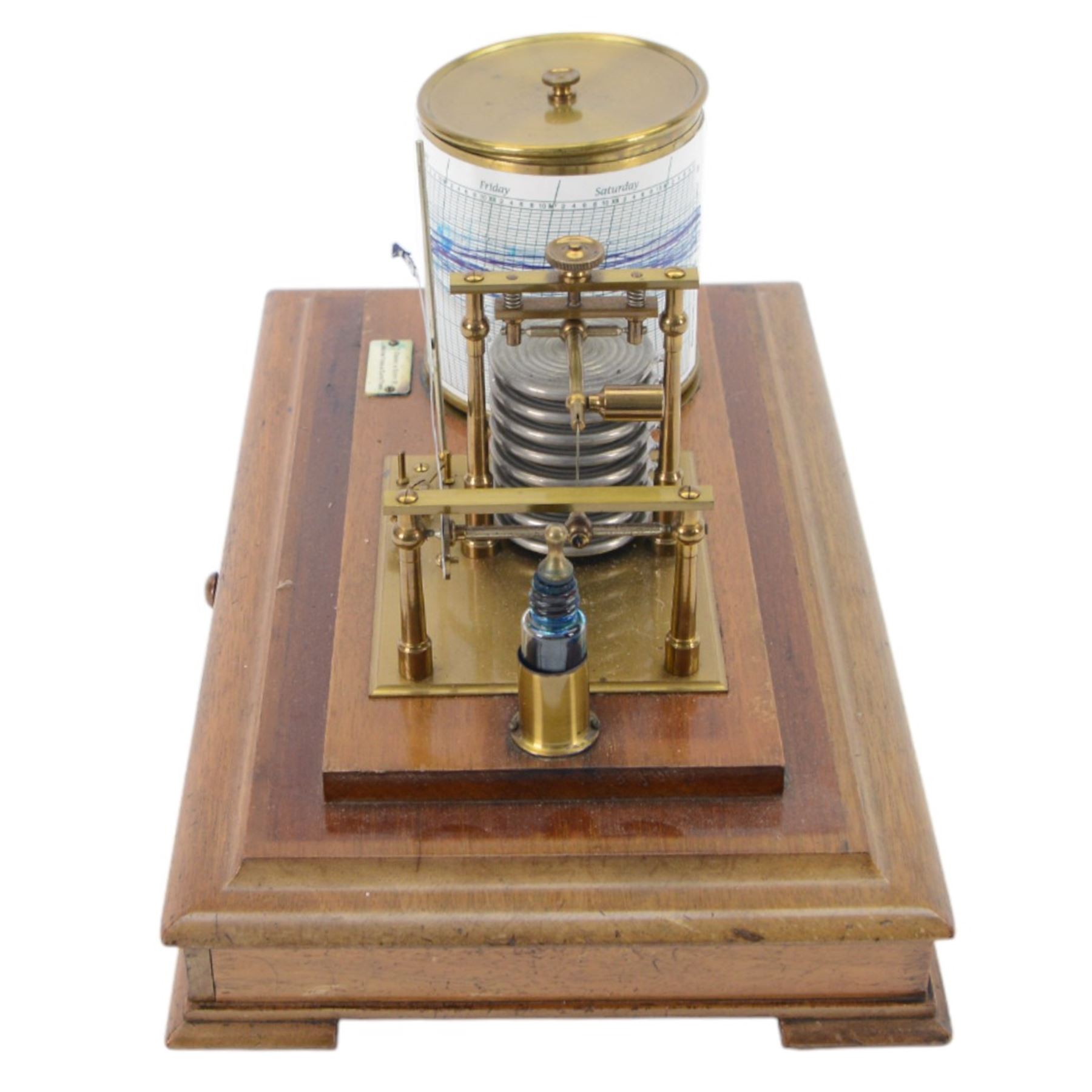 20th century T. Cooke & Son barograph, with clockwork movement and glass ink bottle, upon a wooden base with one drawer and four bracket feet, H20cm, L36cm