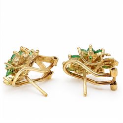 Pair of 14ct gold emerald and diamond cluster earrings, each stud set with ten marquise cut emeralds and three round cut diamond accents, stamped 14K