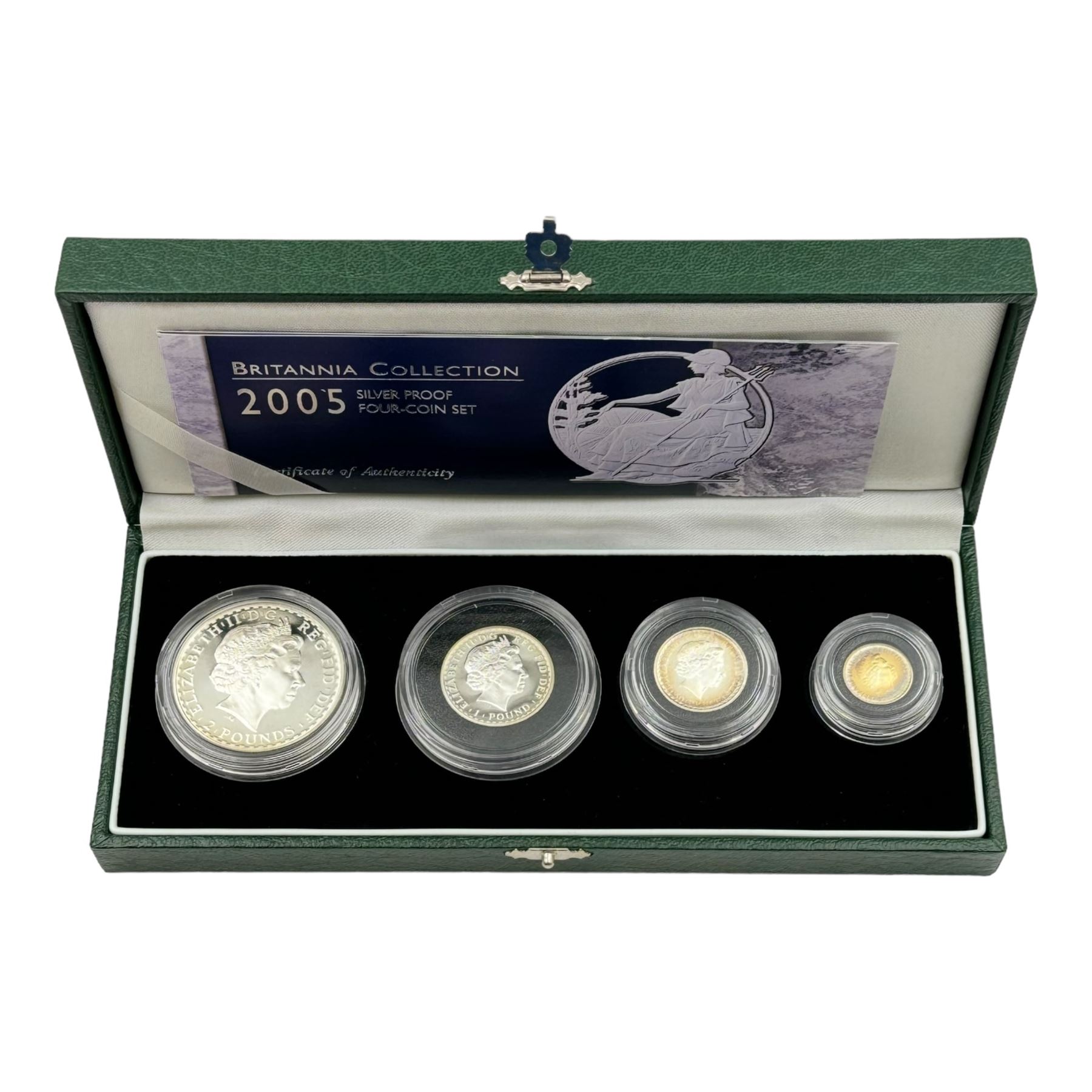 The Royal Mint United Kingdom 2005 silver proof Britannia four coin set, cased with certificate


