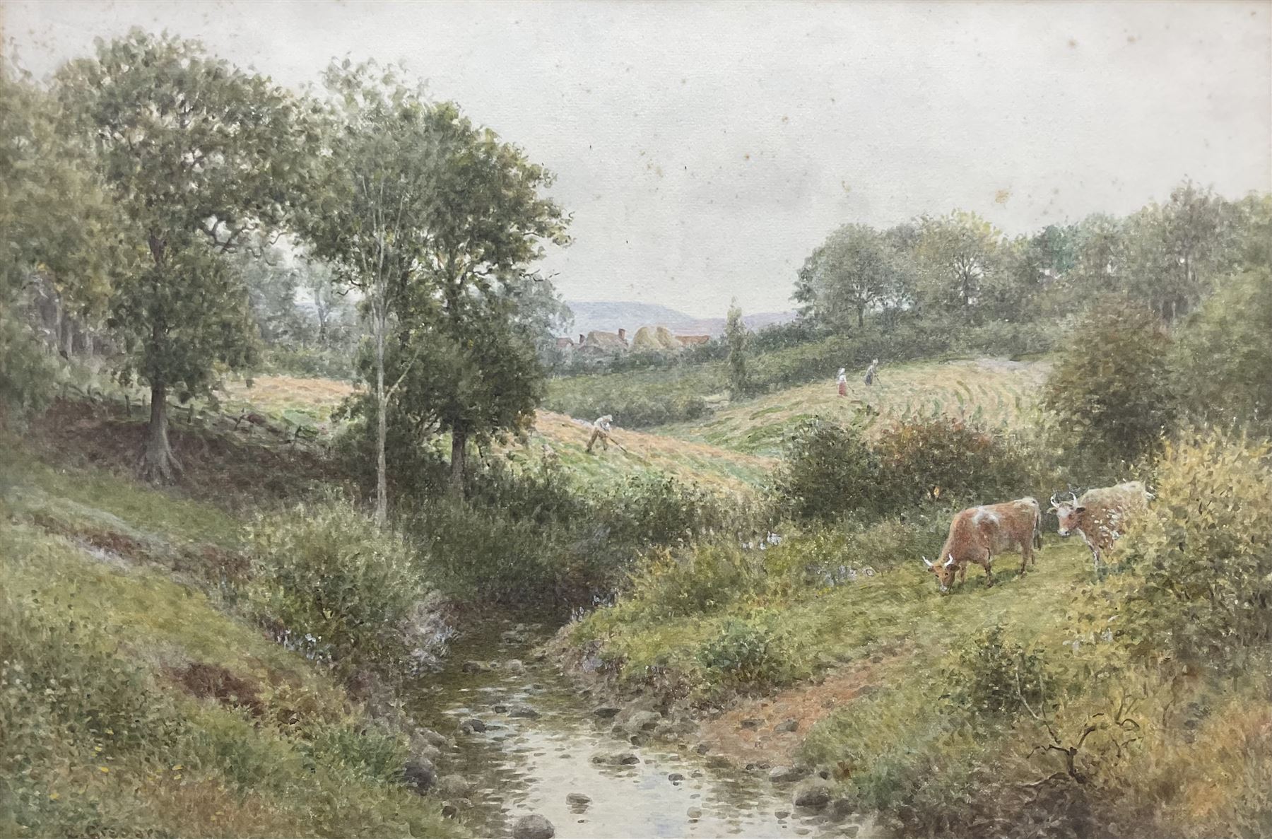 Charles Gregory (British 1849-1920): Hay Making by a Stream, watercolour signed 35cm x 53cm