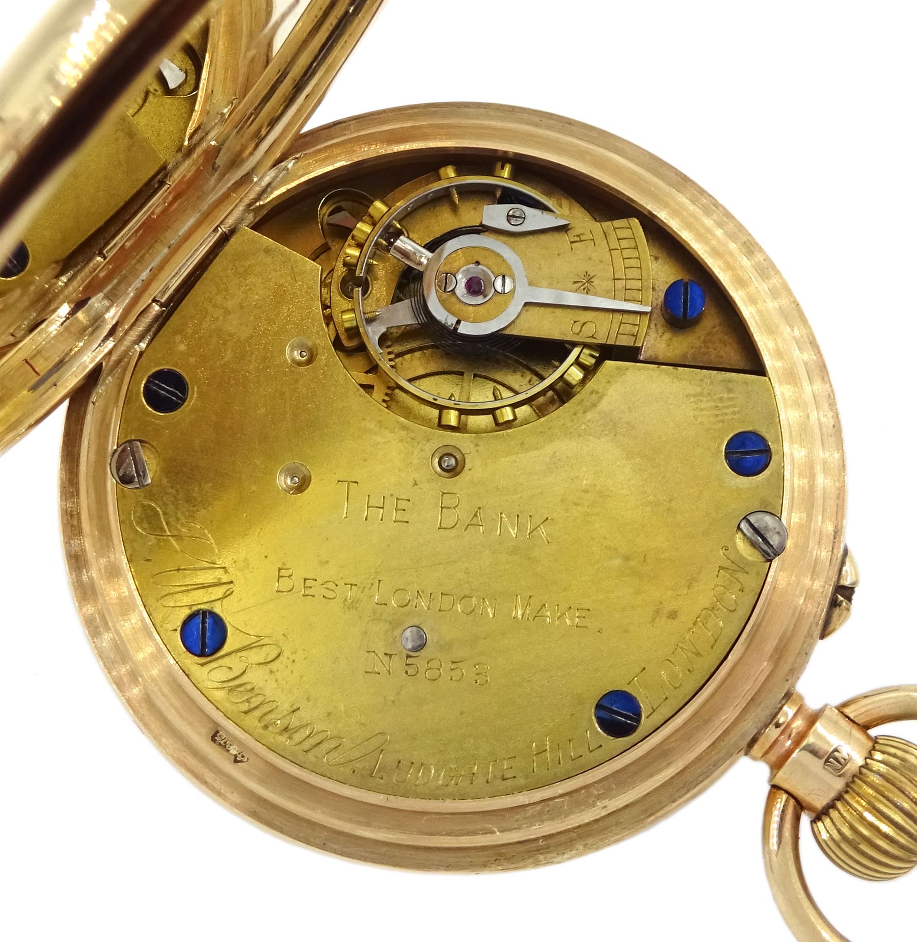 Early 20th century 9ct gold open face keyless lever 'The Bank' pocket watch by J.W.Benson, London, No. 5853, white enamel dial with Roman numerals and subsidiary seconds dial, London 1924, with original box and wooden stand