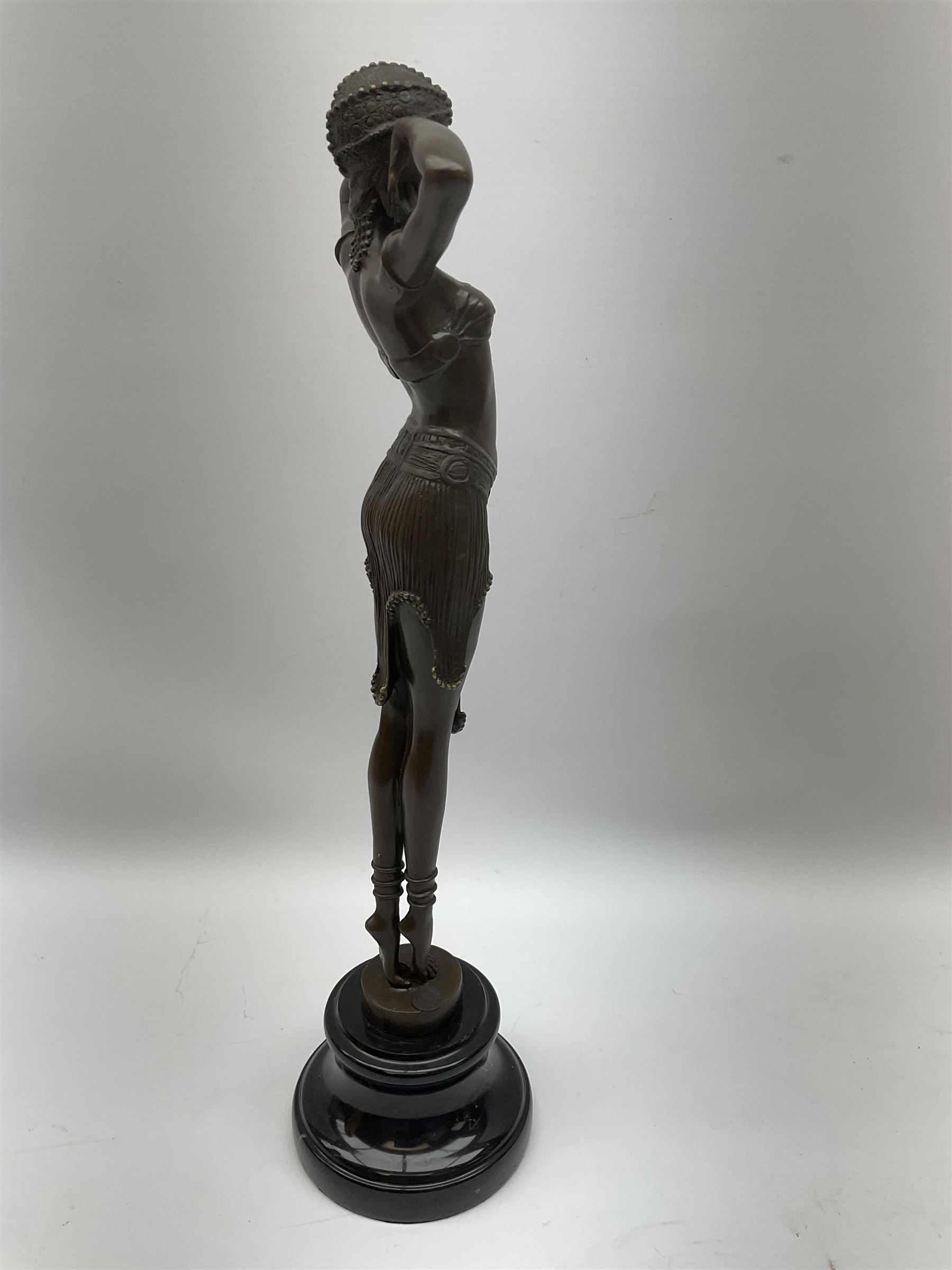 Art Deco style bronze figure of a dancer, after 'Berrard', raised upon a circular base, with foundry mark, H49cm