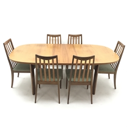 G Plan teak extending dining table, rectangular supports (W198cm & 152cm, H73cm, D107cm) and set four elm high back dining chairs, upholstered seat, square tapering supports (W49cm)