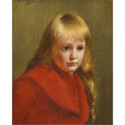 Maxime Dastugue (French 1851-1909): Portrait of a Blonde Girl in a Red Coat, oil on canvas...