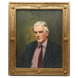 Brenda Bury (British 1932-): Members of European Parliament - 'Frederick Ponsonby 10th Earl of Bessborough' 'Rafton Pounder' 'Sir James Scott Hopkins' 'William Murray 8th Earl of Mansfield & Mansfield' 'John Brewis' and 'Peter Kerr 12th Marquess of Lothian', set of six oils on canvas variously signed, one dated '74, in matching frames, 76cm x 59cm (6)
Provenance: Property of a Nobleman.