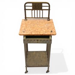 Pair of European Art Deco brass and marble bedside tables, the raised bass back over a canted rectangular marble top, fitted with single drawer decorated with repeating octagonal decoration, raised on square tubular supports with castors, united by undertier