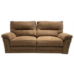 Two-seat manual reclining sofa, upholstered in light mocha fabric