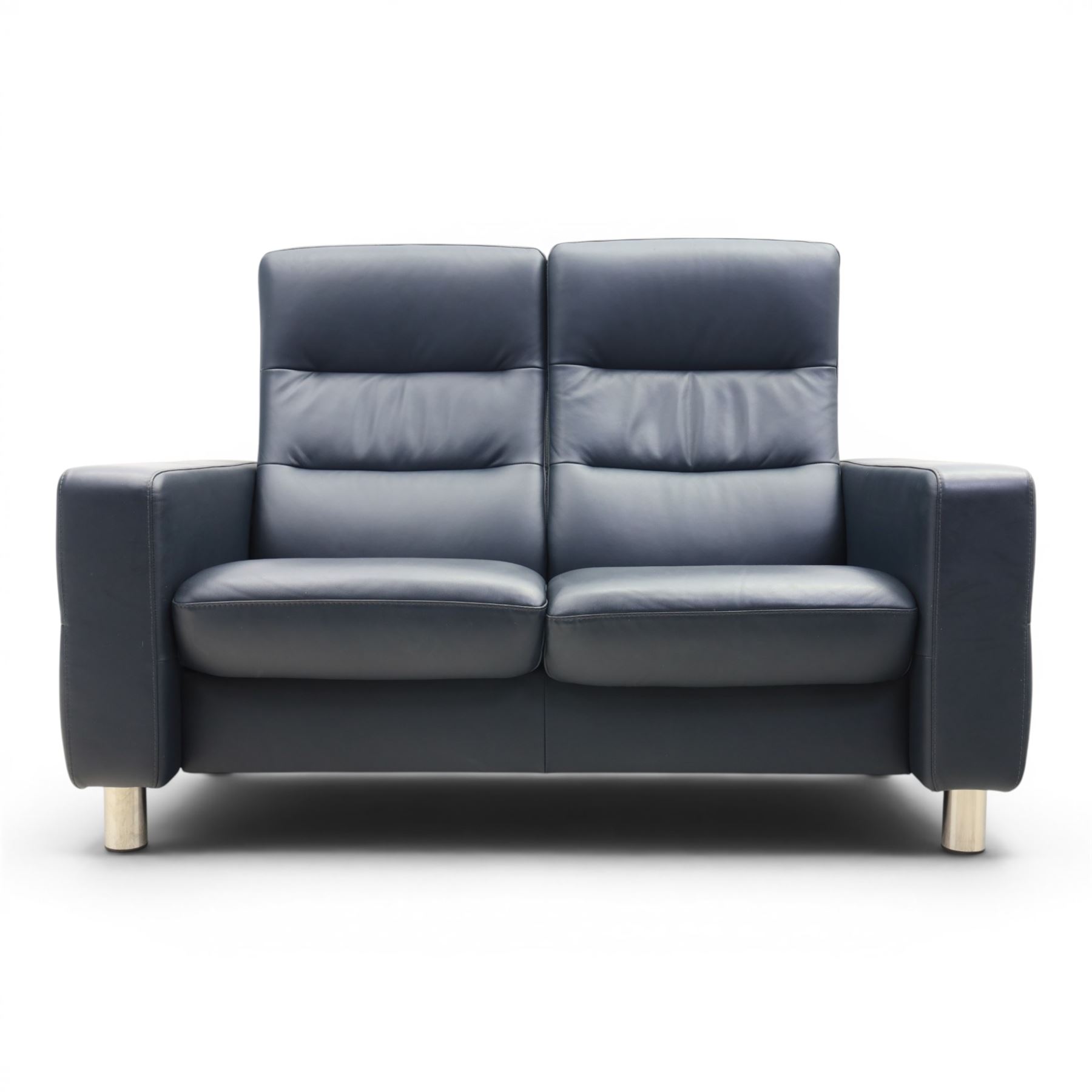 Ekornes - Stressless 'Wave' two seater sofa, upholstered in blue leather, independent recline mechanism, raised on cylindrical chrome supports