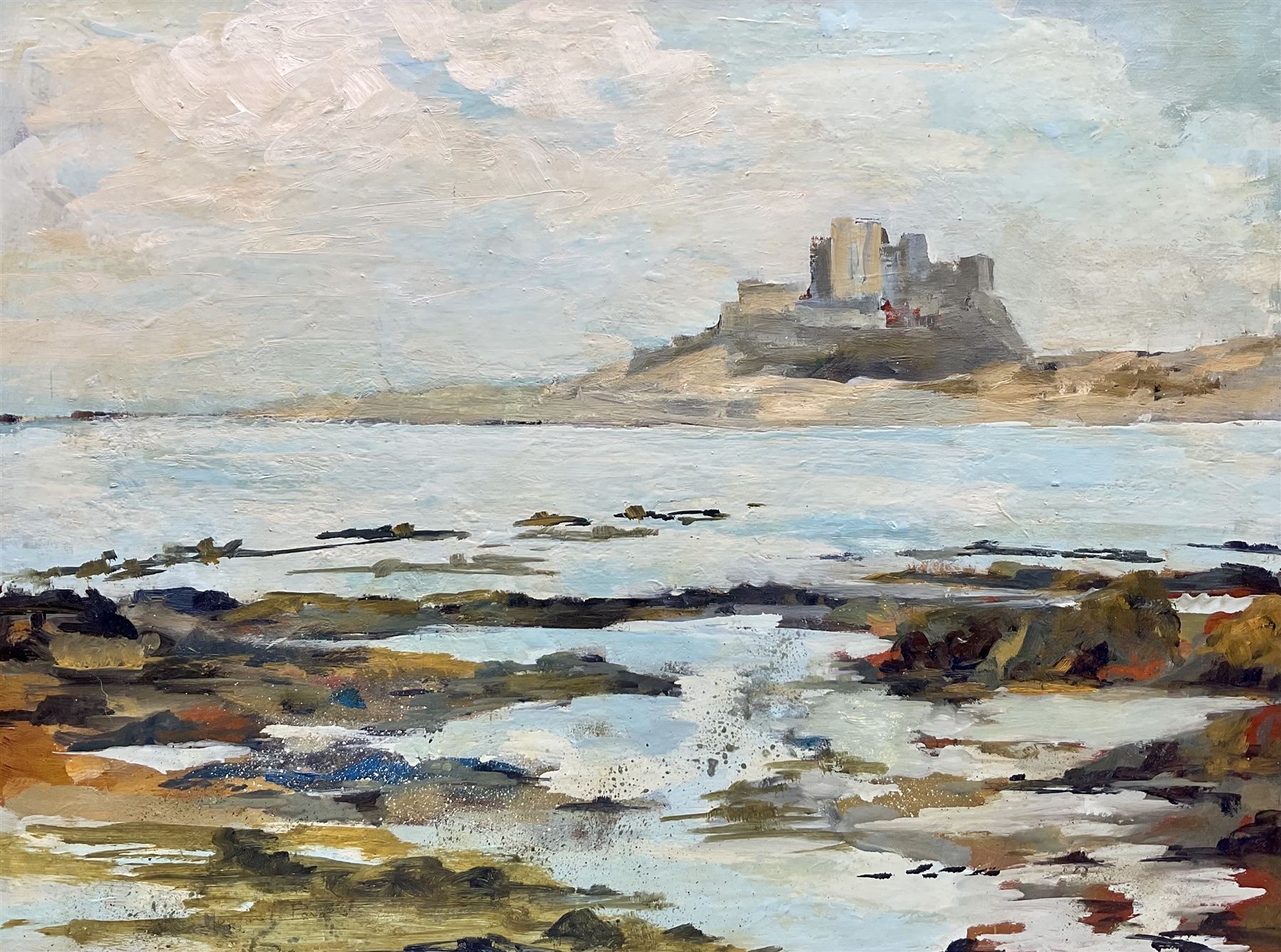 Margaret Parker (Northern British 1925-2012): 'Lindisfarne', oil on board signed, labelled verso 45cm x 60cm