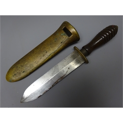 Divers knife, 18.5cm twin edged steel blade stamped Siebe Gorman & Co with ribbed wooden handle, L32cm, in bronze sheath   