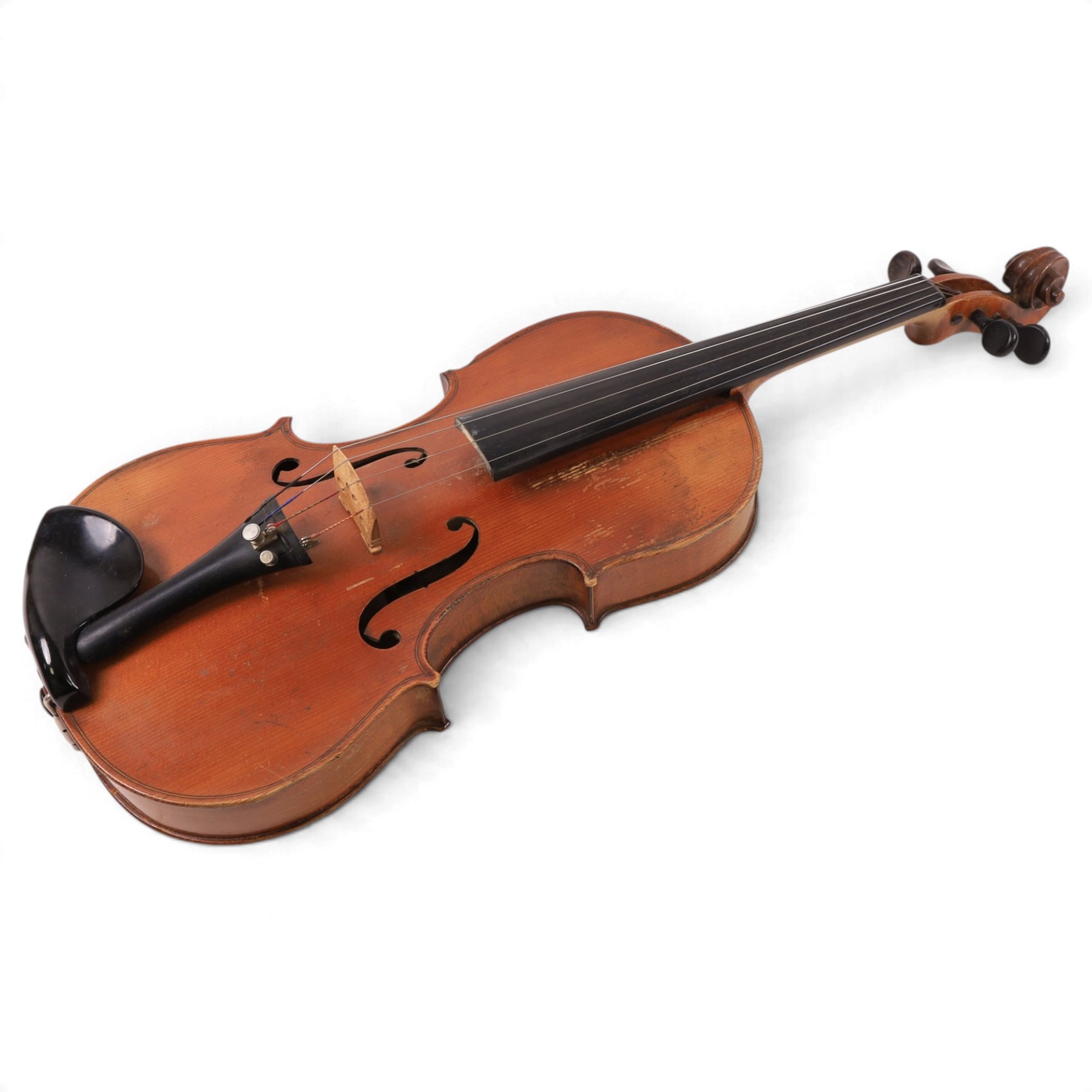 Early 20th century copy of an Antonius Stradivarius violin, with two piece back, ebonised finger board and tuners, the interior label reading 'Modele dapres Antonius Stradivarius Cremonensis anno 1721', in hard case with bow, length 62cm