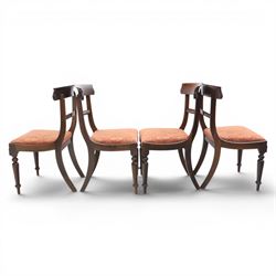 Set of eight 20th century solid rosewood dining chairs, upholstered drop in seats, on oak stretchers, made by Gott's of Pickering and T Feetam of Hull, stamped on all chairs, seat height 47cm