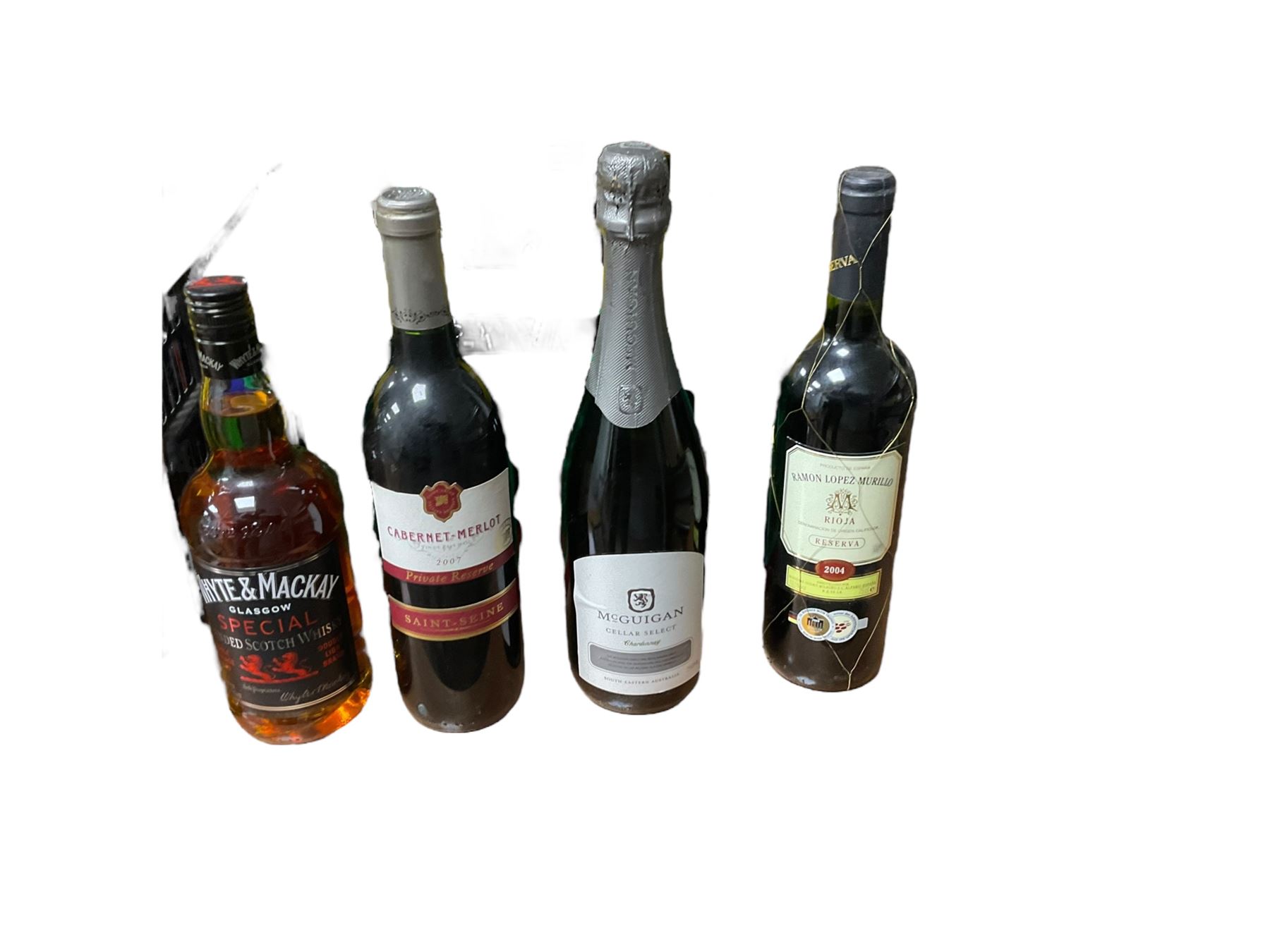 Collection of wines and spirits, including Dimple 12 year old whisky, Famous Grouse whisky, Baileys, Mcguigan sparkling Chardonnay etc, various contents and proof in three boxes  