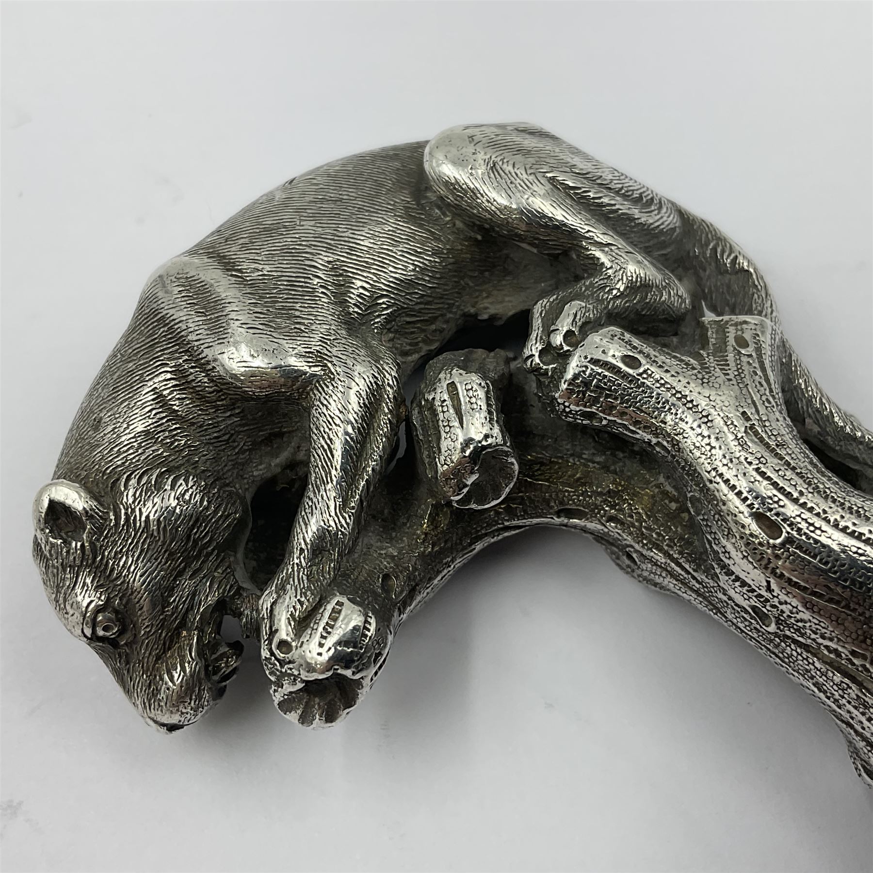 Victorian silver walking cane handle, modelled as a panther upon a tree branch, hallmarked London 1851, maker's mark worn and indistict