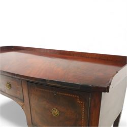  George III mahogany bow-front sideboard, the top with shaped gallery back above one frieze drawers, each outlined with strung inlay, flanked by deep cupboard doors, raised on square tapering legs with spade feet