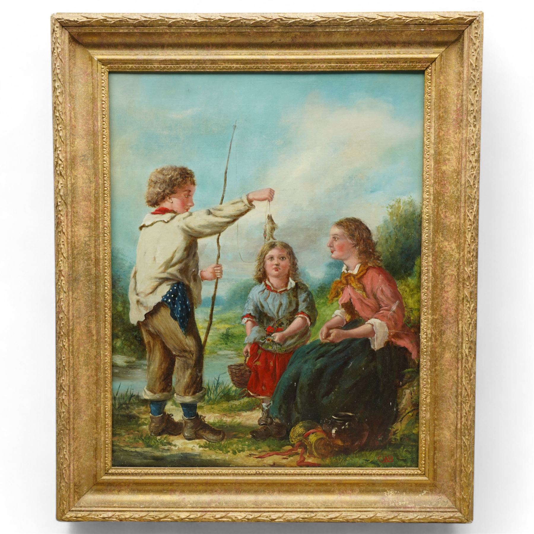 English School (19th/20th century): Children Fishing on the Riverbank, oil on canvas signed with monogram CWB 49cm x 38cm