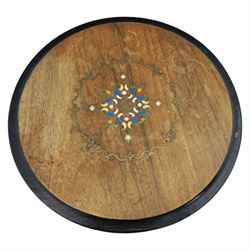 19th century brass inlaid wine table, on a barley twist column terminating in three cabriole supports