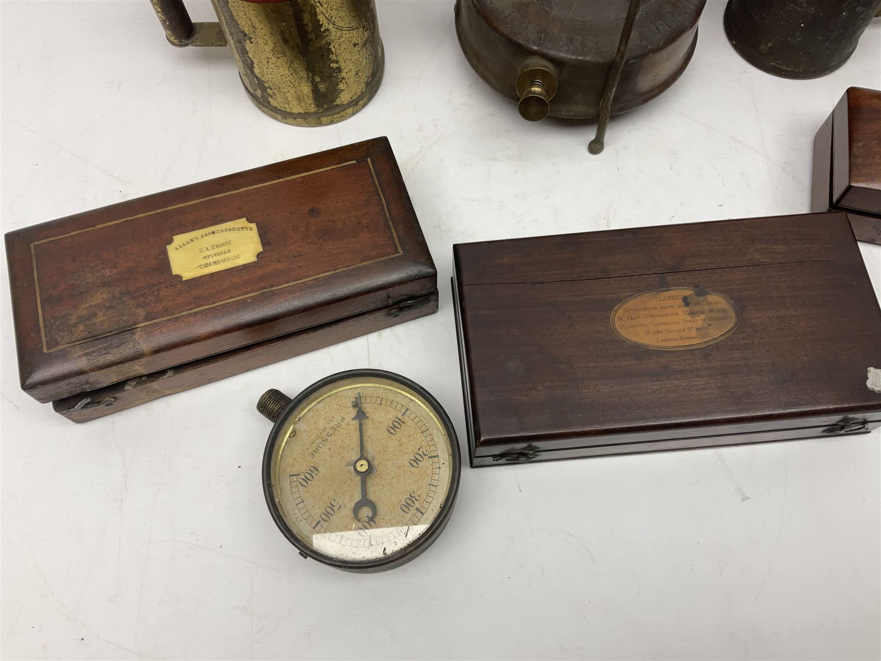 Three hydrometers, including examples by Allan and Clarke, all boxed, together with a blow torch, air sprayer, burned and a pressure gauge