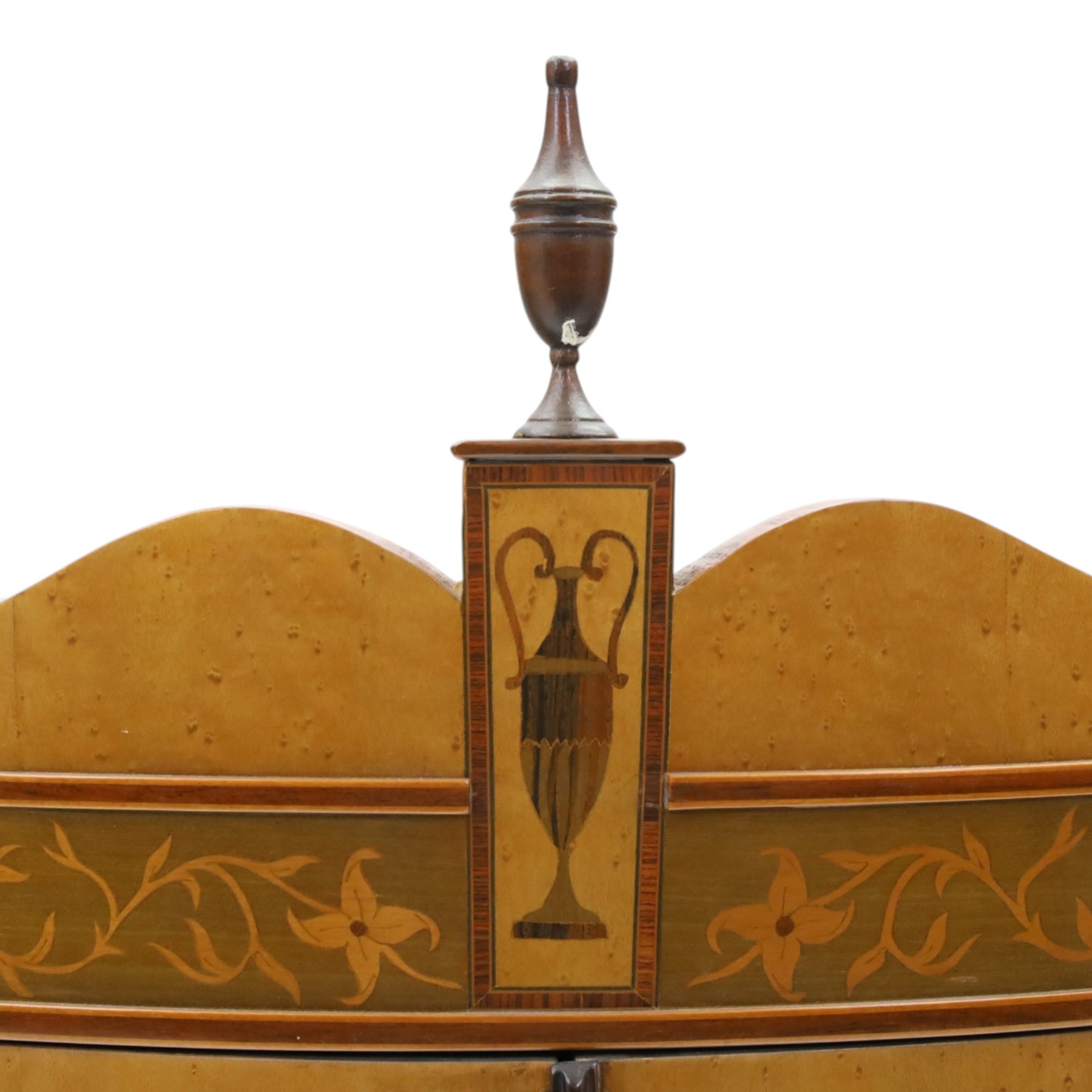 Edwardian inlaid birds-eye maple corner cabinet, urn finials above shell motif inlays, reeded column's hanging hooks