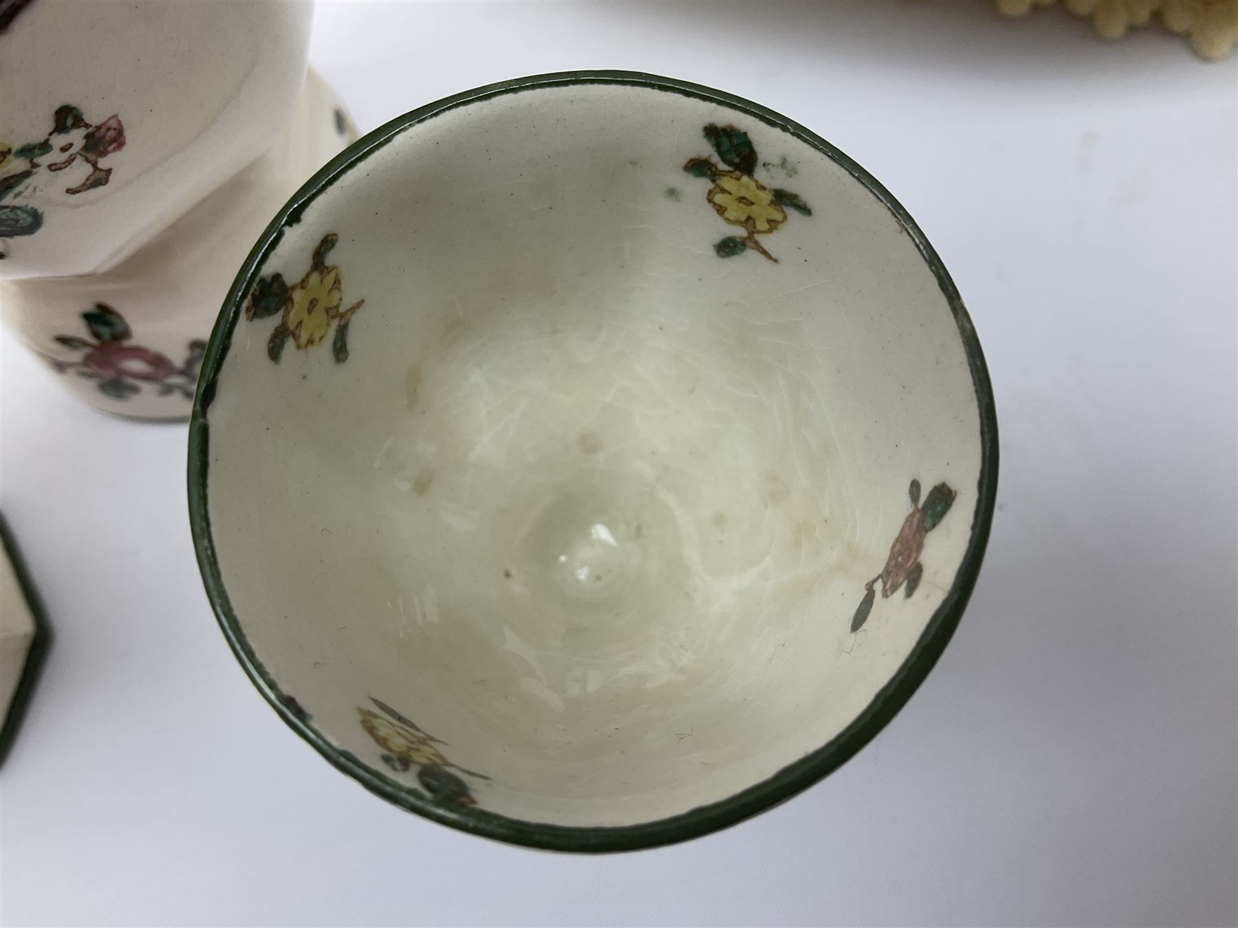 Royal Doulton part dinner service in Old Leeds Sprays pattern,  to include cheese dome, teapot and stand, egg cups etc, together with a selection of floral doilies.  