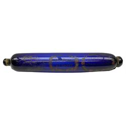 19th century Bristol blue glass rolling pin enamelled with The Great Australia Clipper-Ship, 'Love and be Happy' and verse within floral cartouches, L40cm
