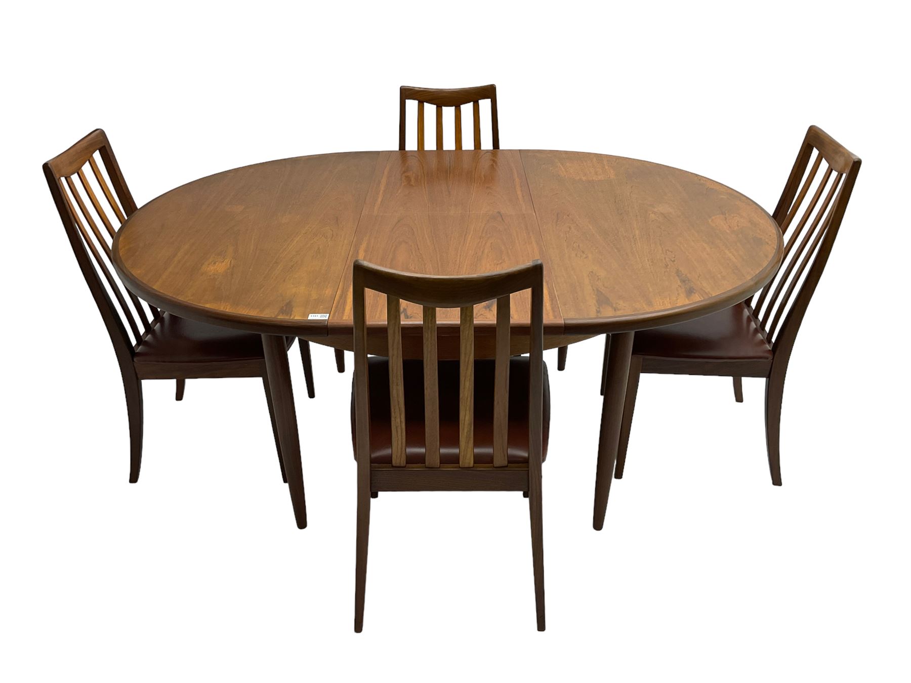 G-Plan - mid-20th century teak 'Fresco' extending dining table, circular top on tapered supports (W122cm H74cm); and Leslie Dandy for G-Plan - set six mid-20th century teak 'Fresco' dining chairs, high backs over tan leatherette seats (W46cm H91cm)