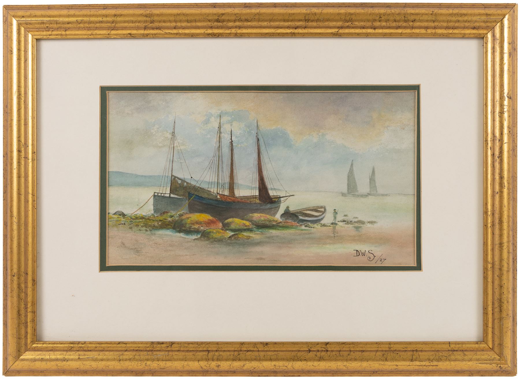 R Livingstone (English School 20th Century): Jockey on Horseback - potentially Lester Piggott, oil on wood panel signed; S Sparke (British 20th century): Roseberry Topping, pair of watercolours signed, one dated '84, and D W S (English School 20th Century): Boats Washed Up on the Beach, pair of watercolours signed with initials and dated '27, max 20cm x 45cm (5)