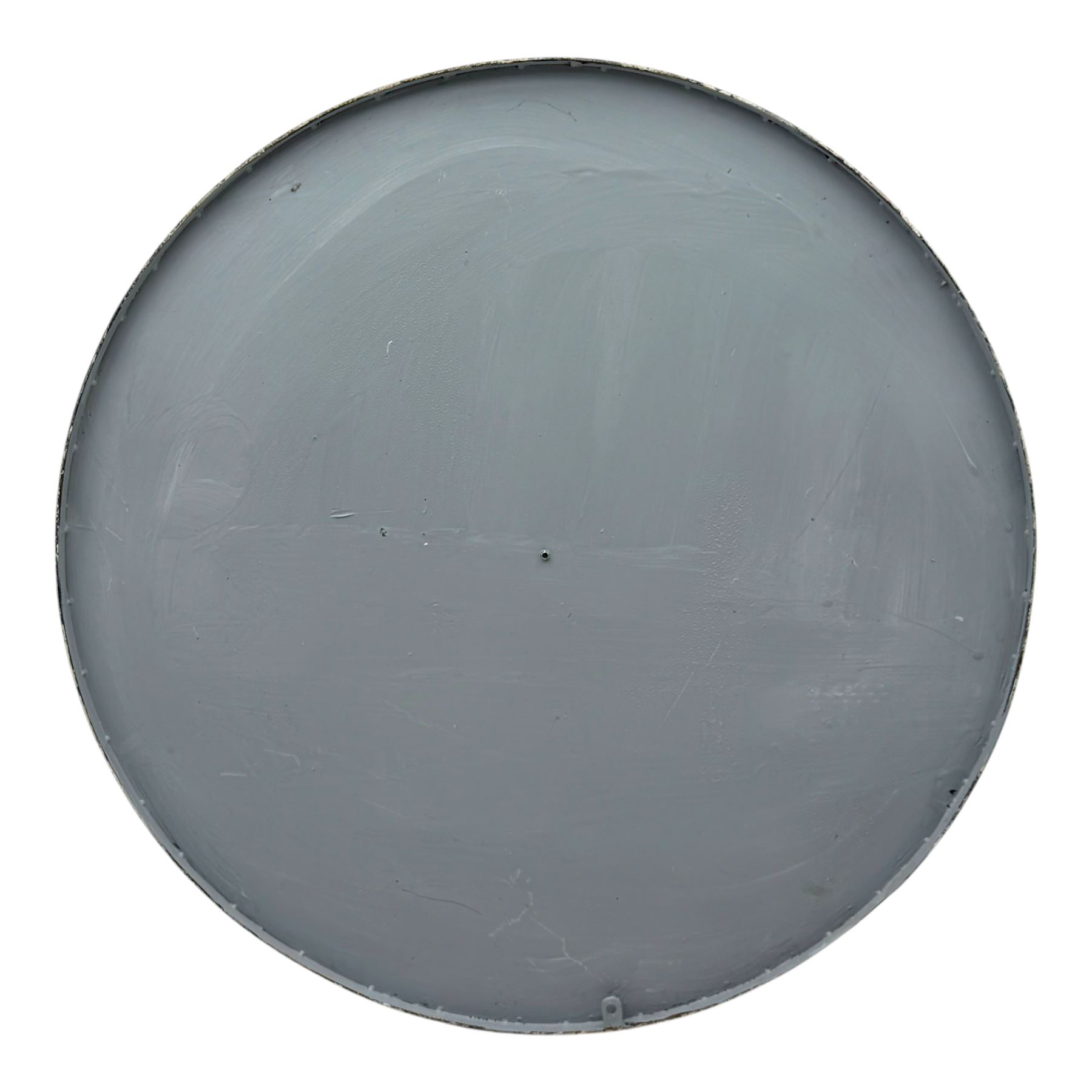 Substantial contemporary wall clock, mottled grey face with black Roman numerals and black spade hands, backed by a grey-painted metal panel
