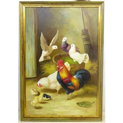 Cockerels and Hens, 20th century oil on canvas unsigned 90cm x 60cm