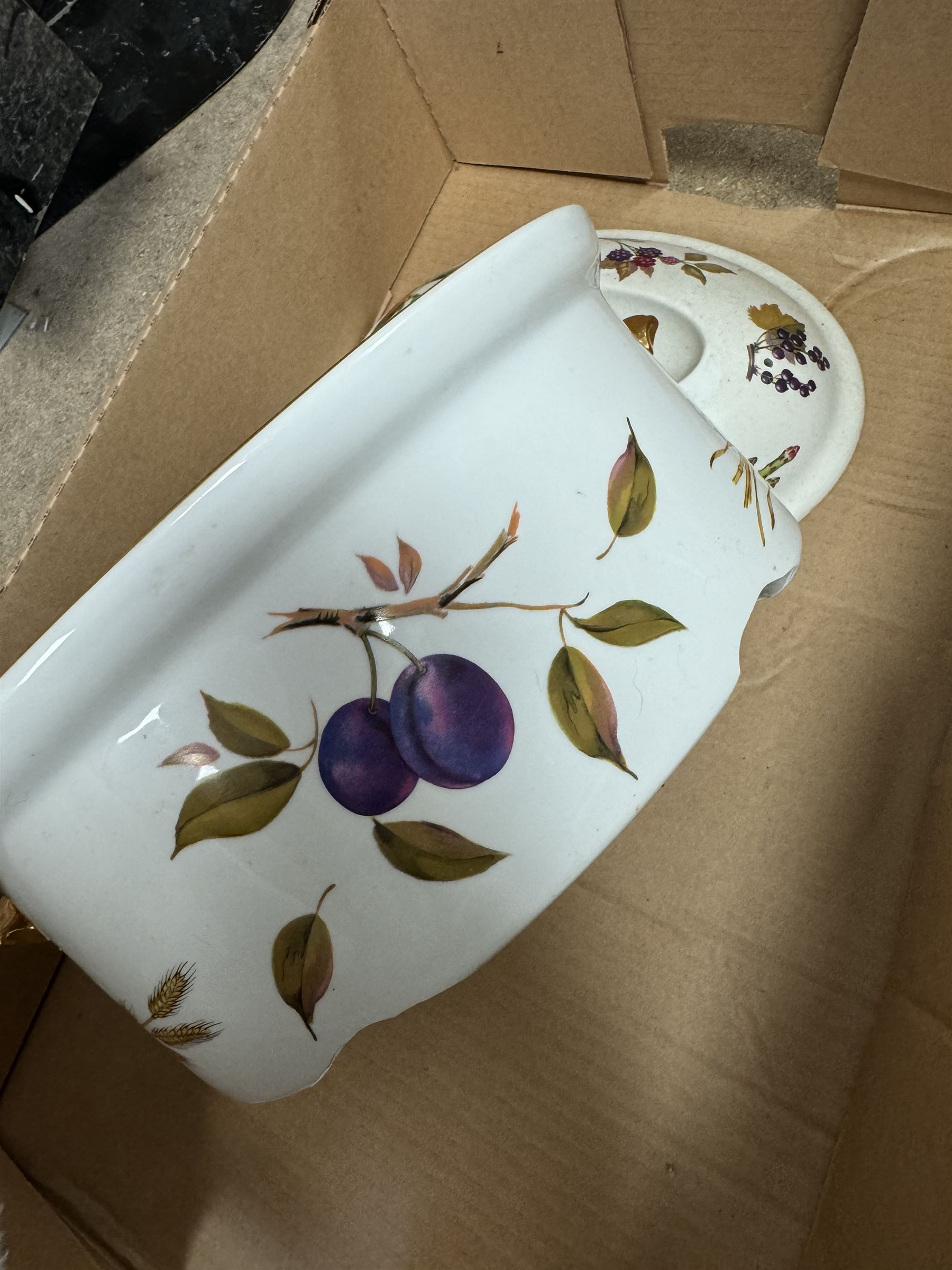 Royal Worcester Evesham pattern part dinner service, including covered jars, covered serving dishes, sauce jugs, dinner plates, side plates etc  