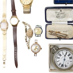 9ct gold stone set brooches, 9ct gold wristwatch, three pence coin bracelet with a French gold filled Virgin Mary medallion, Stratton marcasite set compact, gilt propelling pencil, various wrist watches, Standard U.S.A pocket watch etc 