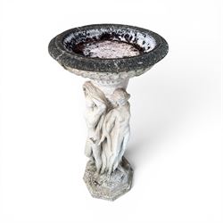 Collection of decorative cast stone garden pieces, comprising three graces bird bath, three urn planters, urn base, figure of girl and a Scottie dog (7)