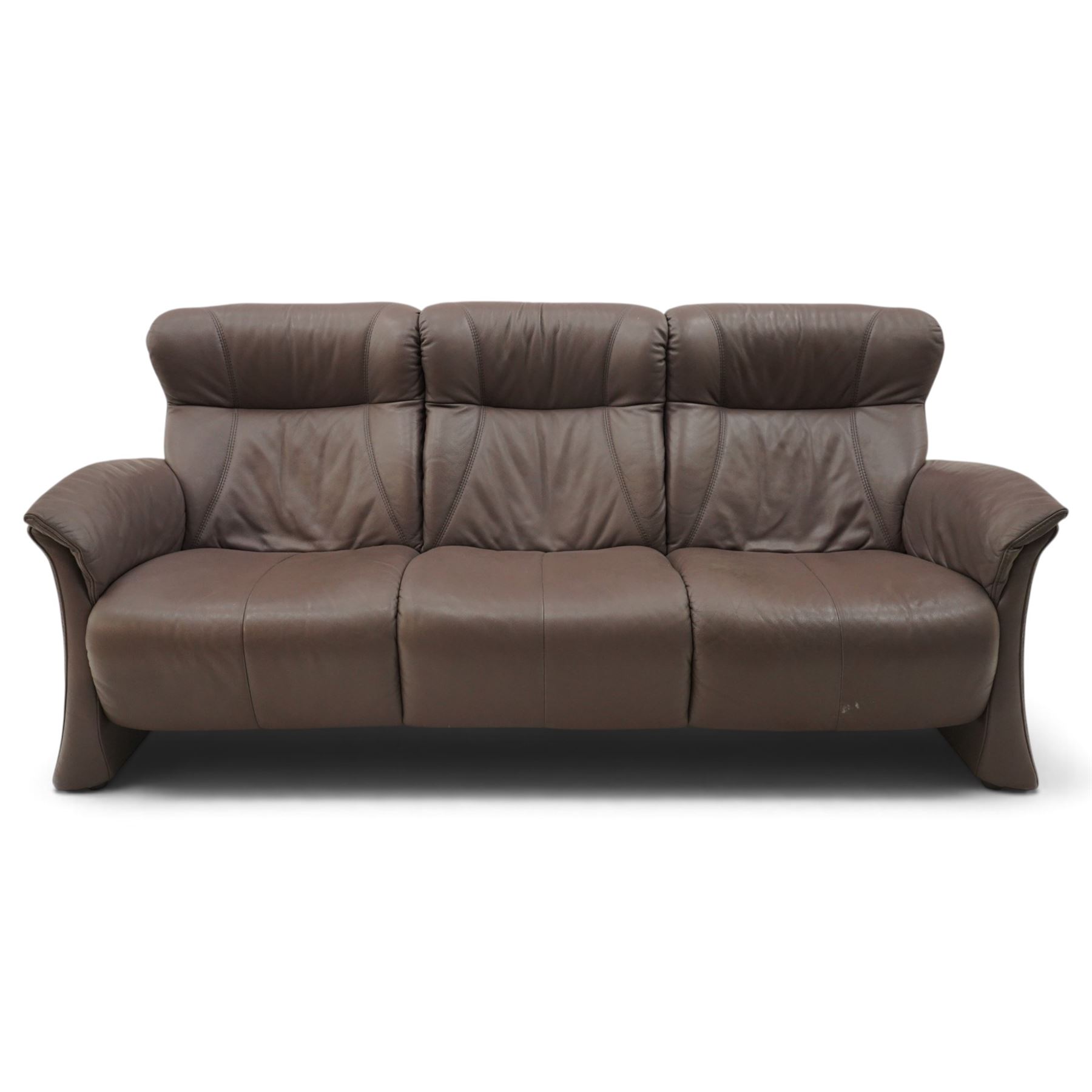 Himolla - ‘Cumuly’ lounge suite upholstered in deep aubergine leather, comprising two-seat sofa with high padded back, shaped arms and panelled upholstery (W 161cm, D 82cm, H 93cm), and three-seat sofa conforming (W 200cm, D 82cm, H 93cm)