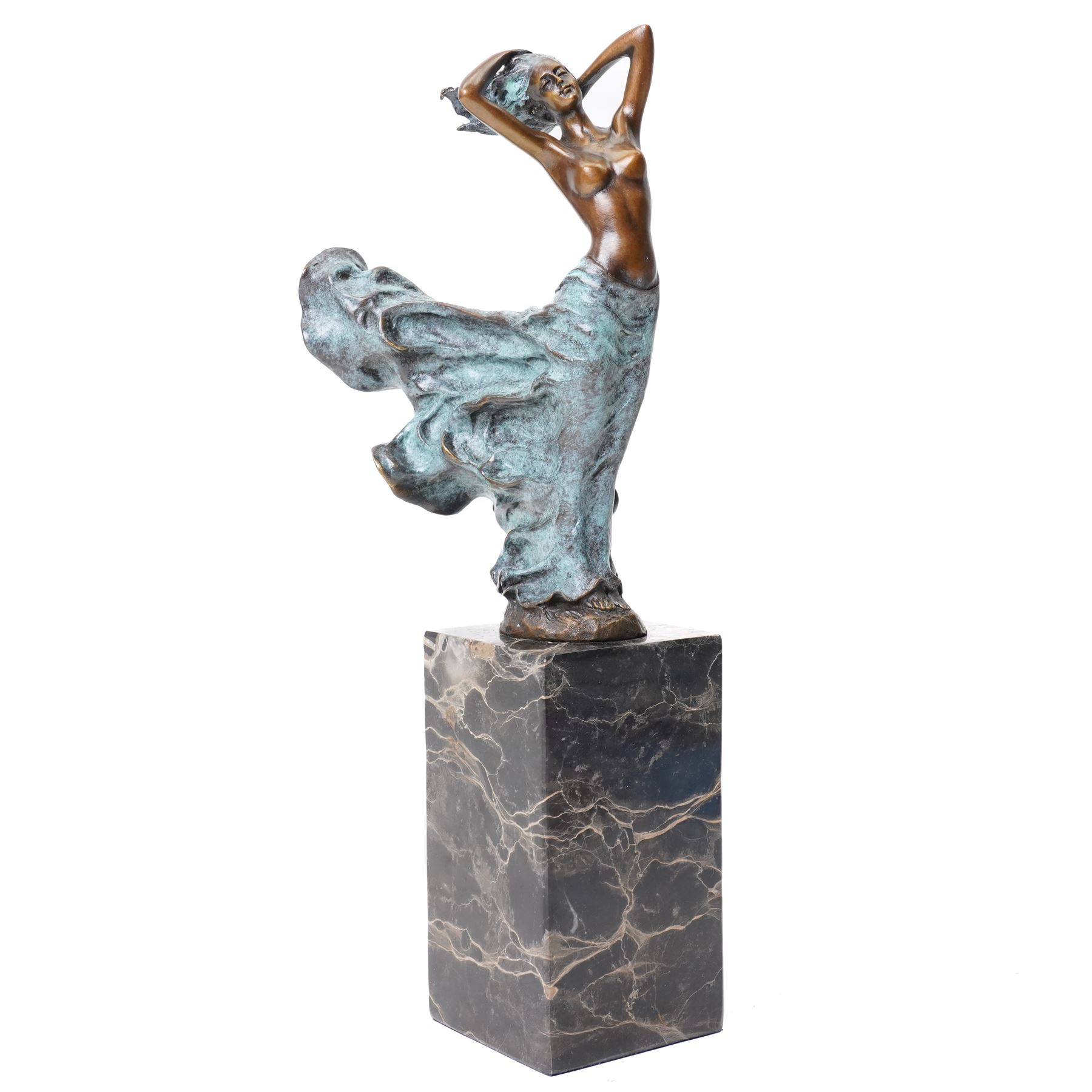 After Angelo Basso - art nouveau style bronze of a lady caught in the wind, on marble base, H31cm