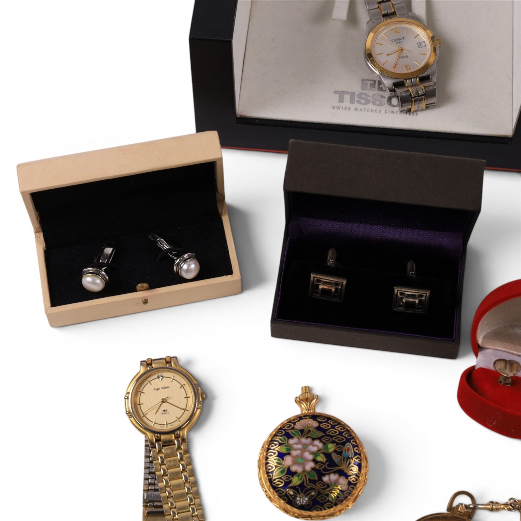 Tissot PR50 watch, boxed, together with silver heart earrings and a collection of cufflinks