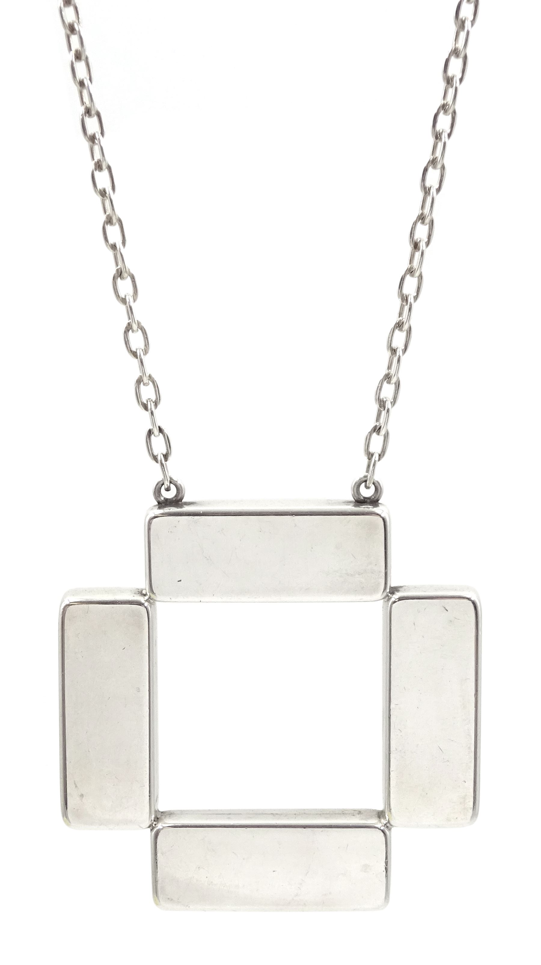 Georg Jensen silver geometric pendant necklace, with T-bar clasp, designed by Astrid Fog, No. 379, London import mark 1973, boxed