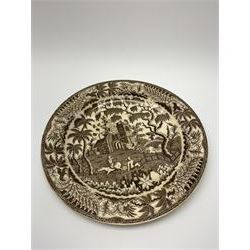 Early 19th century David Dunderdale & Co Castleford pottery plate, decorated in brown in the Buffalo and Ruins pattern, with indistinct impressed marks beneath, D24cm, together with a late 18th/early 19th century blue and white pearlware sauce boat, decorated in a variant of the Willow pattern, L15cm